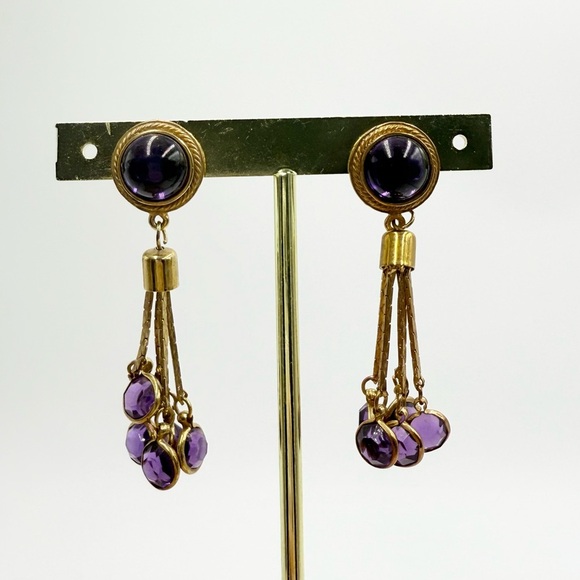 Vintage Gold Tone Purple Crystal Drop Dangle Earrings - Picture 3 of 5